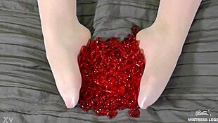 nylon foot play with red hearts on valentines