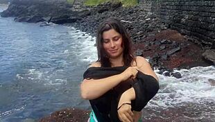 The seductive stepmom lures on a public beach