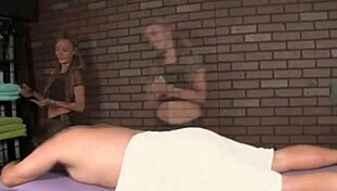 Blonde Masseuse JERKS Tied Guy's COCK