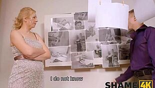 private eye trades cash for mature sex on desk with stockings and blowjob