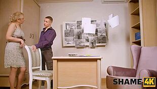 private eye trades cash for mature sex on desk with stockings and blowjob