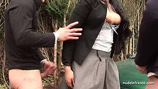 I'm a chubby brunette getting ass fucked in a threeway on a car.