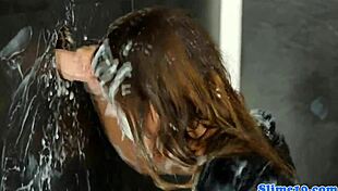 Classy Eurobabe at gloryhole gets drenched in hot sticky jizz