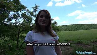 small 18+ boobed cutie bent over for cash in forest