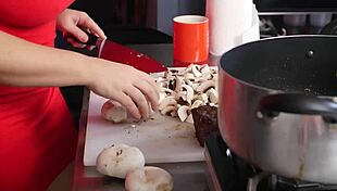 she's always horny in the kitchen, flaunting her big tits