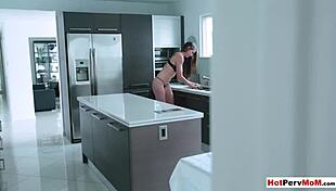 Classy brunette milf stepmom in lingerie gives professional handjob to stepson