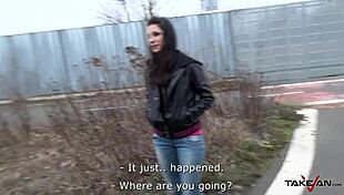 Peeing girl snatched off street for a wild cockride in car.