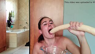 Sloppy throat fucking with double dildo gathers saliva in homemade fetish choking session