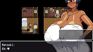 tanned girl natsuki flashes huge tits in hentai game