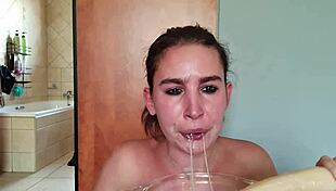 Sloppy throat fucking with double dildo gathers saliva in homemade fetish choking session