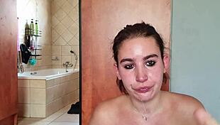 Sloppy throat fucking with double dildo gathers saliva in homemade fetish choking session