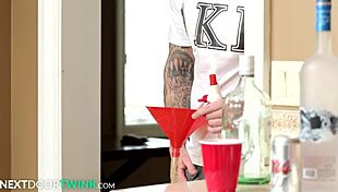 Muscular Frat Stud Joins Twink Couple for Bareback Threesome Fun.