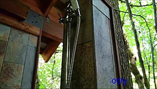 Teen bathing in public outdoor shower