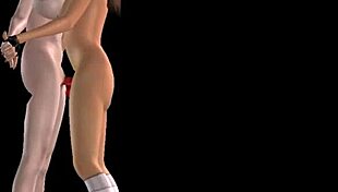 Two cute girls in a 3d cartoon lick pussy and strap-on fuck standing.