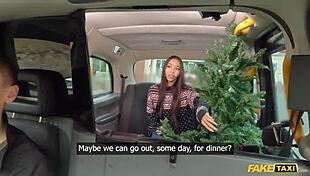 Fake taxi petite Asian Lia Lin gives hot POV blowjob in Christmas jumper