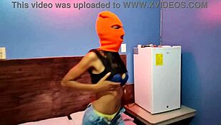 Brunette Stepsister Celebrates Halloween in Hotel Bed with Mask and Sexy Hip Shakes