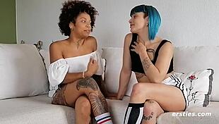 Two crazy Spaniards lick and moan in shaved pussy competition