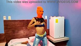 Brunette Stepsister Celebrates Halloween in Hotel Bed with Mask and Sexy Hip Shakes