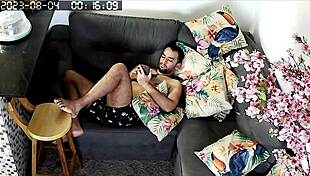 guy trades wi-fi password for showing off his bulge, and the ebony redhead accepts the challenge with a massage