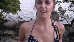 Blonde Teen 18+ Strips in Bikini for Public Beach Flashing