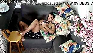 guy trades wi-fi password for showing off his bulge, and the ebony redhead accepts the challenge with a massage