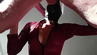 preview of milf in leather catsuit and platform boots getting roughly handled and finishing on tits