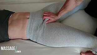 In yoga pants, he casually gropes her teen pussy during homemade massage