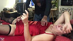 Fucking white amateur milf in red satin dress POV