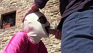 laura gives outdoor blowjob in pink outfit on heels with monster cock