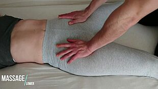 In yoga pants, he casually gropes her teen pussy during homemade massage