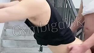 Gymbigdick fucks gay femboy boyfriend bareback outdoors in lingerie