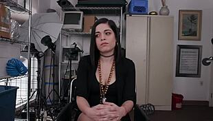 Kinky white chick indulges on sucking directors hard cock.