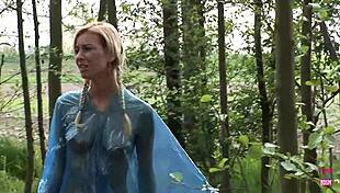 blonde babe enjoys outdoor blowjobs with group