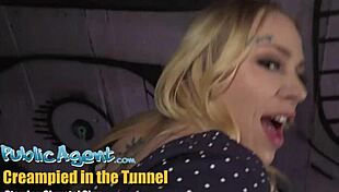 Horny blonde flasher begs, 'Bend me over for doggystyle creampie in tunnel'