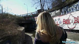 Horny blonde flasher begs, 'Bend me over for doggystyle creampie in tunnel'