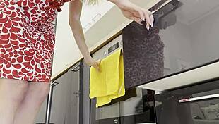 Petite blonde housewife teases in homemade kitchen CFNM scene