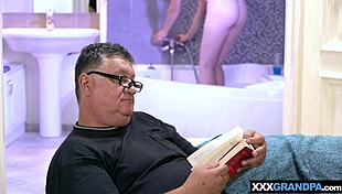 Big boobed blondie in doggystyle with bent over grandfather