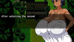 Tanned girl Natsuki in hentai game, pervy carpenter massages massive boobs