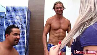 Guys taking turns on sexy trans blonde Carol Penelope.