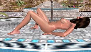 Intense 3D hentai girl masturbates fiercely with a bottle by the pool