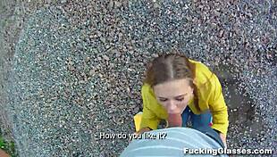 Emma, the glasses-wearing coed, gets fucked and swallows cum on a construction site