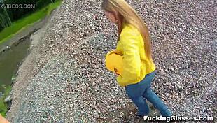 Emma, the glasses-wearing coed, gets fucked and swallows cum on a construction site