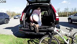 Exhibitionist In Butt-Less Jeans Teasing On Bike Trail