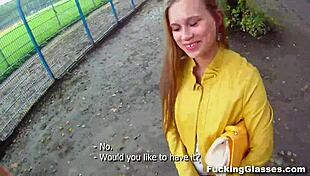 Emma, the glasses-wearing coed, gets fucked and swallows cum on a construction site