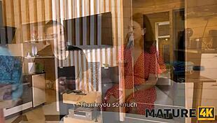 Chubby mature russian woman gets her shaved pussy filled with man's cock in sauna