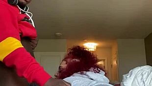 Fat redhead lady sucks big black cock from POV.