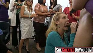 Yo, check these 11 cheating whores sucking off a stripper at wild CFNM party!