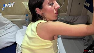 Cute girl 18 yo, you lost your pussy on this public train.