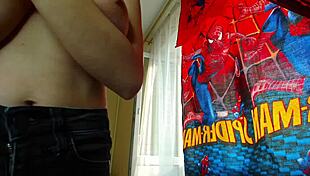 mylaangel squeezes her big tits in tight clothes and sucks nipples hard