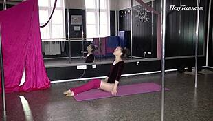 Russian gymnast with black hair performs amateur-like routines